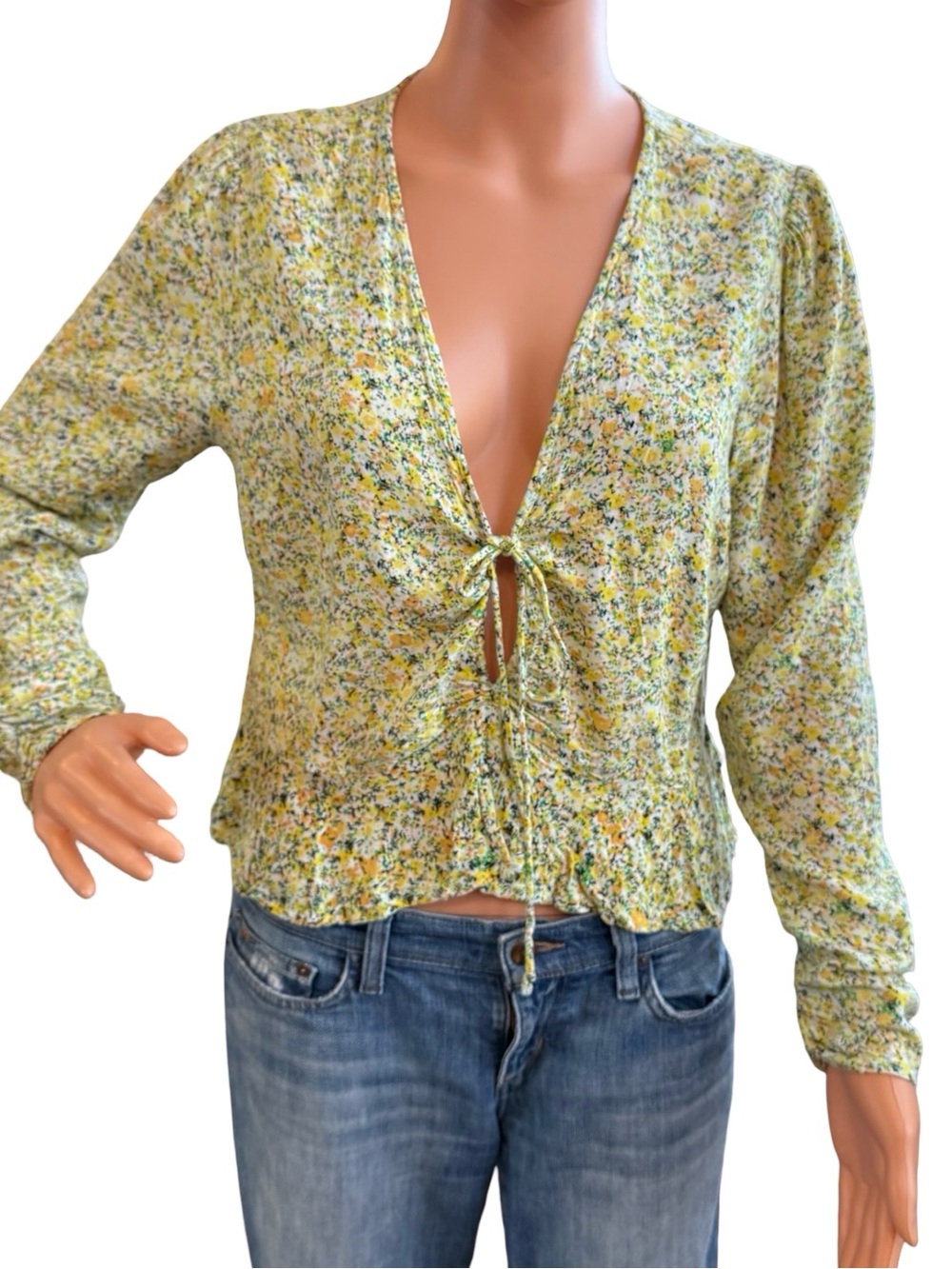 AFRM Yellow Green Floral Tie-Front Blouse